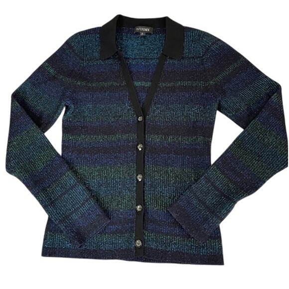 Intermix Sienna Ribbed Metallic Blue Green Striped Lurex Cardigan Collar Stretch - Picture 8 of 14